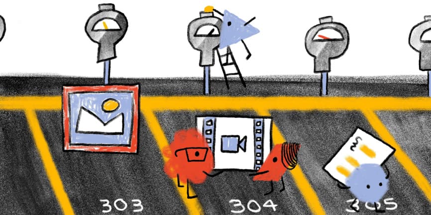 Hero image of Web Almanac characters and resources in parking slots in a car park with parking meters in from of them. The middle spot is labelled 304.